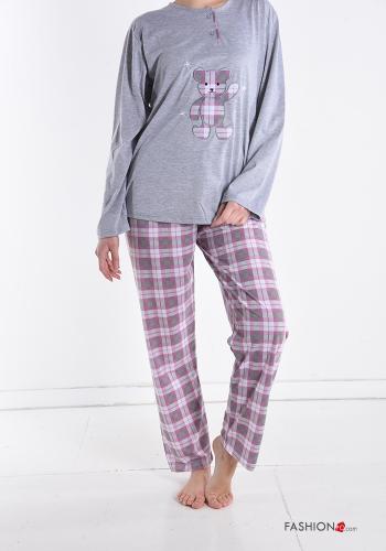  Tartan-Muster Voller Pyjama aus Baumwolle mit Knöpfen