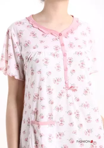  Chemise de nuit en Coton Floral avec des boutons avec poches 