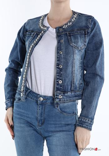  denim Cotton Jacket with buttons with pearls with pockets Denim