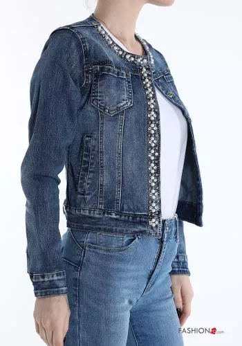  denim Cotton Jacket with buttons with pearls with pockets
