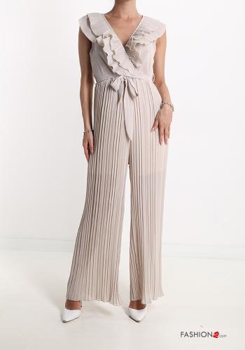  pleated v-neck Jumpsuit with flounces with bow