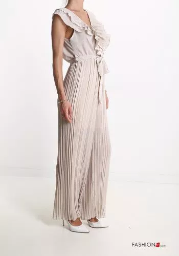  pleated v-neck Jumpsuit with flounces with bow