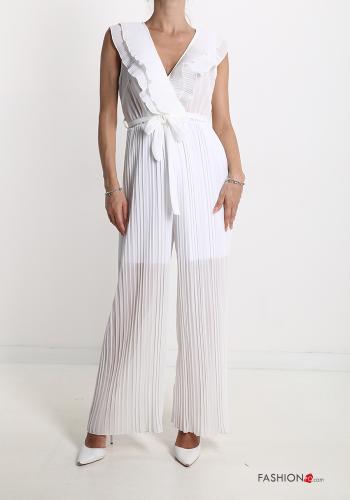  pleated v-neck Jumpsuit with flounces with bow White