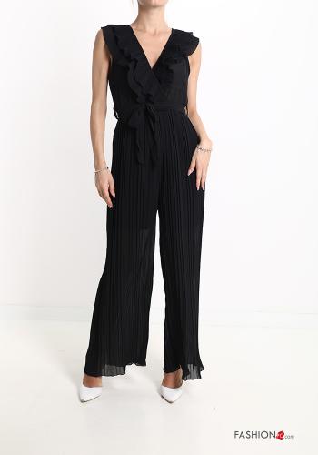  pleated v-neck Jumpsuit with flounces with bow Black
