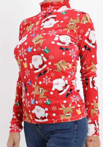  Camisola de mangas compridas com gola subida de Natal  Vermelho