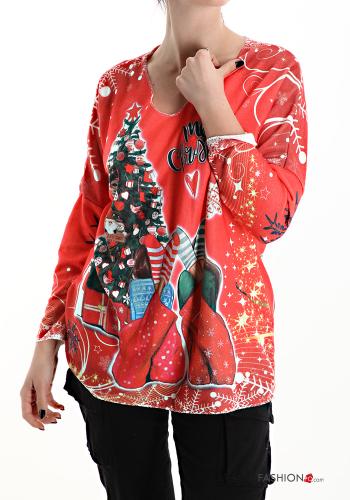  Christmas v-neck Long sleeved top  Red