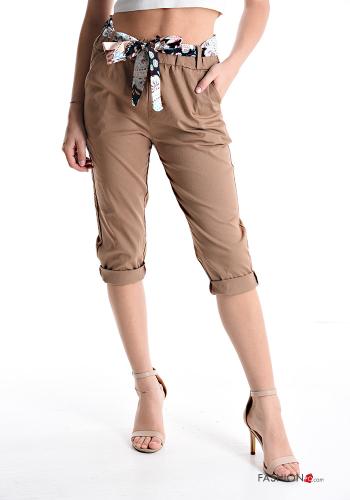  Pantalons Corsaires en Coton avec ceinture en tissu avec poches avec élastique  Camel