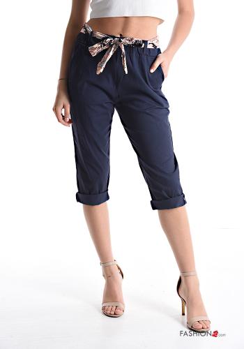  Pantalons Corsaires en Coton avec ceinture en tissu avec poches avec élastique  Bleu