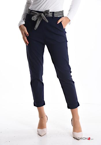 Trousers with fabric belt with elastic with pockets Midnight blue