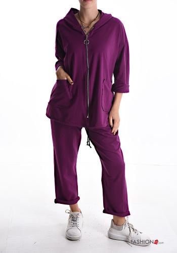  Cotton Sports set with elastic with hood with pockets with zip Violet-aubergine