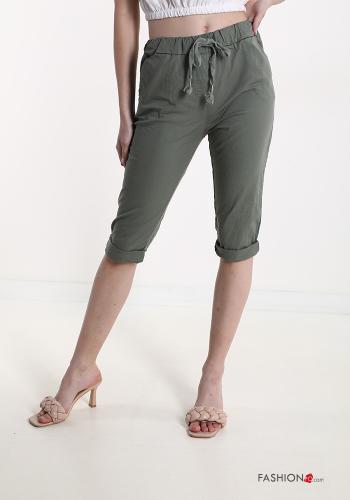  Cotton Cropped Trousers with pockets with bow Military green