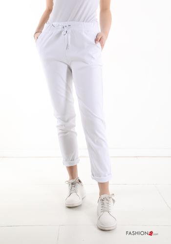  Pantalon en Coton avec poches avec noeud  Blanc