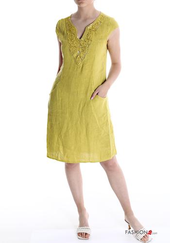  Besticktes Muster V-Ausschnitt Kleid aus Leinen mit Pailletten Gelb