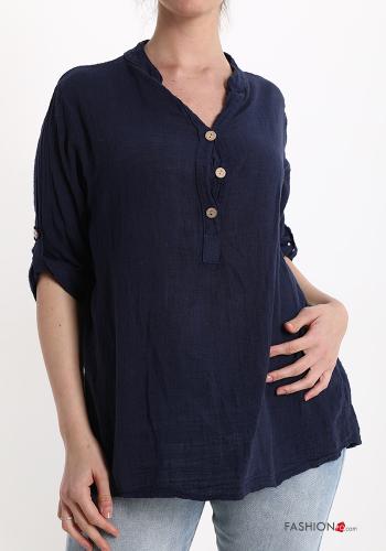  V-Ausschnitt Bluse aus Baumwolle mit Knöpfen mit Taschen Nachtblau