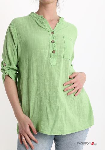  Cotton Blouse with buttons with v-neck with pockets Green-yellow