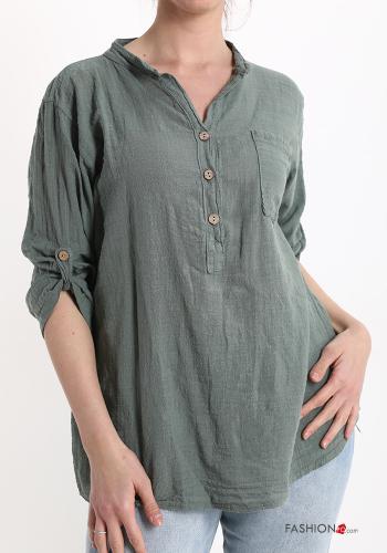  V-Ausschnitt Bluse aus Baumwolle mit Knöpfen mit Taschen Olivgrün