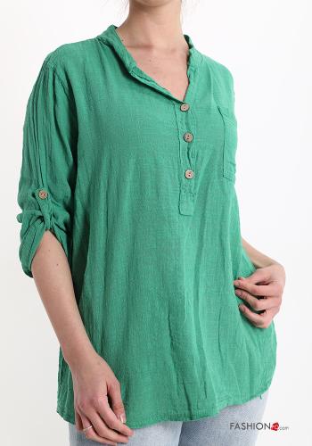  Cotton Blouse with buttons with v-neck with pockets Jade