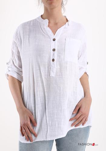  V-Ausschnitt Bluse aus Baumwolle mit Knöpfen mit Taschen Weiß
