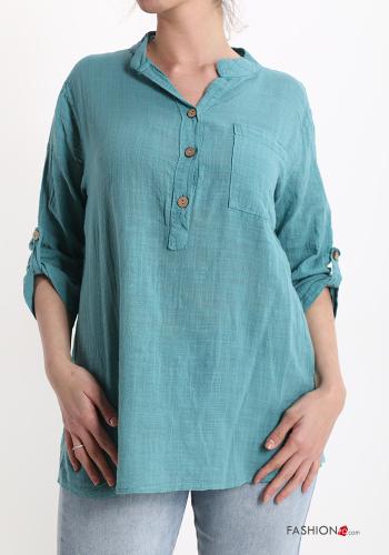  V-Ausschnitt Bluse aus Baumwolle mit Knöpfen mit Taschen Türkisgrün