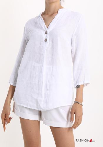  Blusa de Lino con botones con cuello en v  Blanco