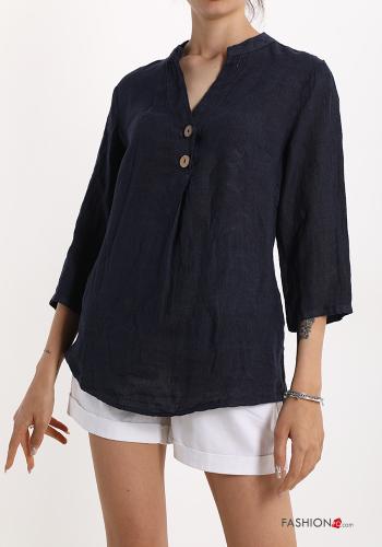  Linen Blouse with buttons with v-neck Blue