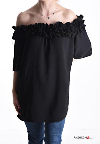  short sleeve Blouse with flounces with elastic Black