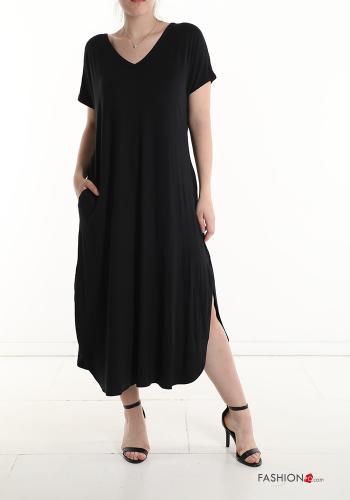  short sleeve long Dress with pockets with split with v-neck Black