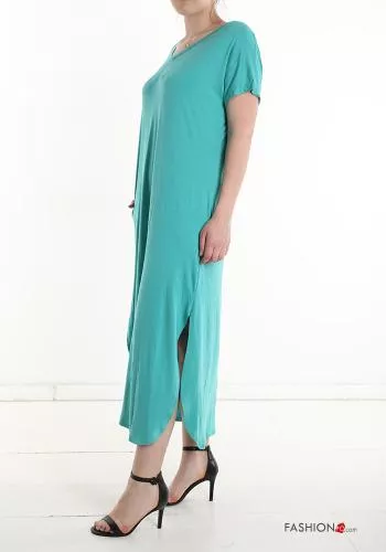  short sleeve long Dress with pockets with split with v-neck