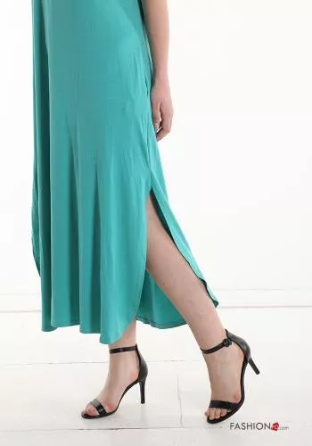  short sleeve long Dress with pockets with split with v-neck
