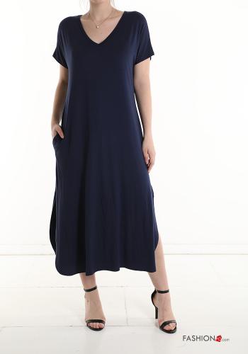  short sleeve long Dress with pockets with split with v-neck Midnight blue