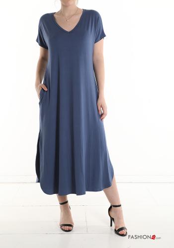  short sleeve long Dress with pockets with split with v-neck Steel blue