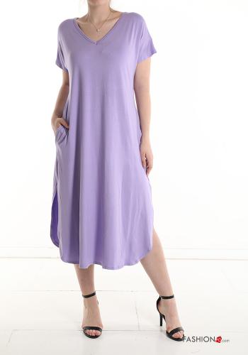  short sleeve long Dress with pockets with split with v-neck Amethyst