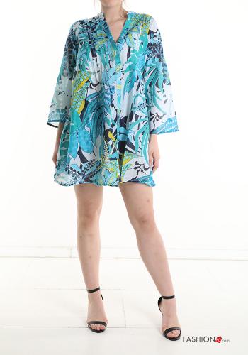  Leaf print Cotton Shirt 3/4 sleeve Cyan