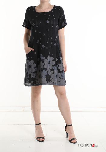  Floral short sleeve knee-length Cotton Dress  Black