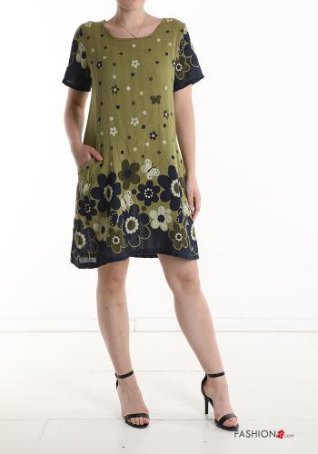  Floral short sleeve knee-length Cotton Dress  Light Olive-beige