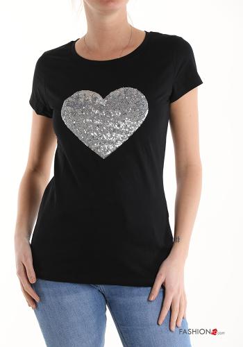  T-shirt in Cotone con paillettes  Nero chiaro
