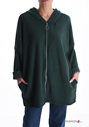  Sweatshirt Côtelé avec poches à capuche avec fermeture éclair  Bouteille verte