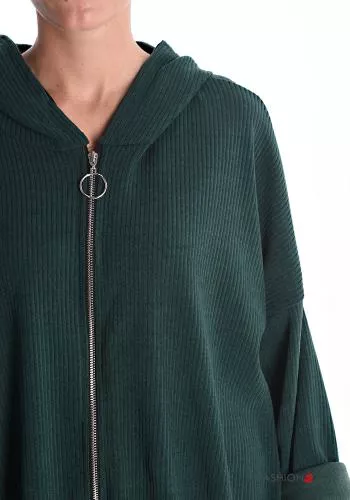  Sweatshirt em jersey canelado com fecho com bolsos com capuz 