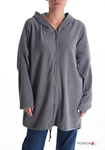  Sweatshirt Côtelé avec poches à capuche avec fermeture éclair  Gris