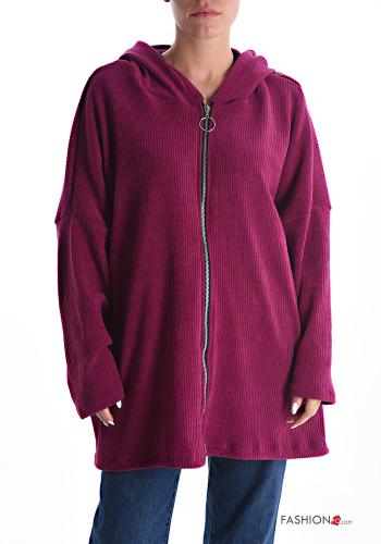  Sweatshirt em jersey canelado com fecho com bolsos com capuz  Rosa-cereja
