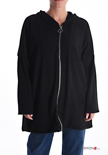  Sweatshirt Côtelé avec poches à capuche avec fermeture éclair  Noir