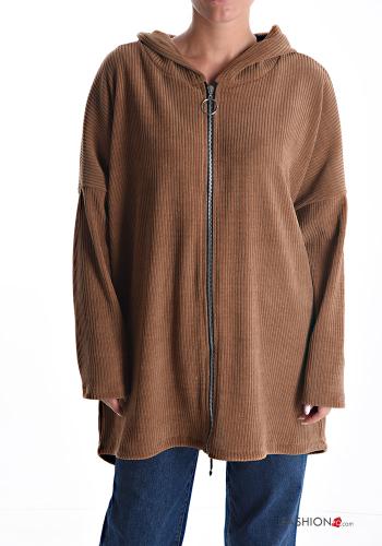  Sweatshirt Côtelé avec poches à capuche avec fermeture éclair  Camel