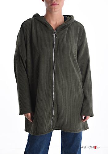  Sweatshirt Côtelé avec poches à capuche avec fermeture éclair  Vert militaire