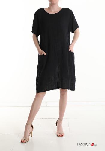  short sleeve knee-length Cotton Dress with pockets Black