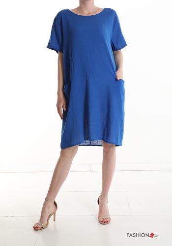  short sleeve knee-length Cotton Dress with pockets Blue