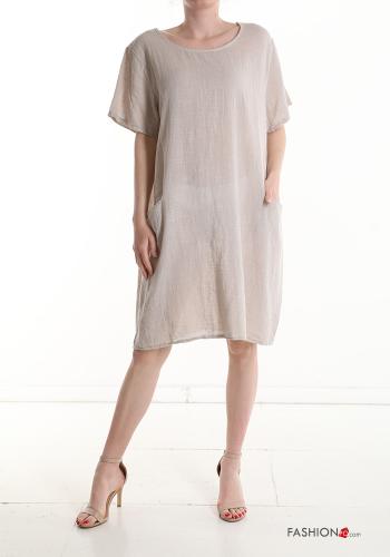  short sleeve knee-length Cotton Dress with pockets Beige