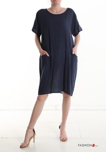  short sleeve knee-length Cotton Dress with pockets Prussian blue