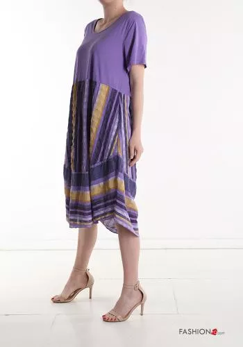  Streifenmuster knielanger Kleid aus Baumwolle mit Taschen