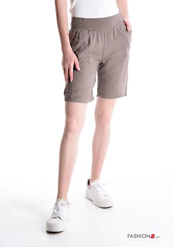  Bermudas de Lino con bolsillos con elástico  Color de barro