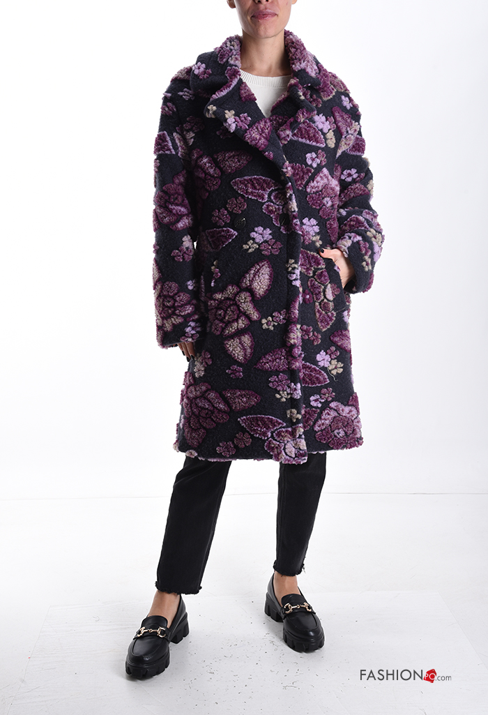 Abrigo de Mezcla de Lana Estampado Floral con bolsillos con botones con forro - ph 1